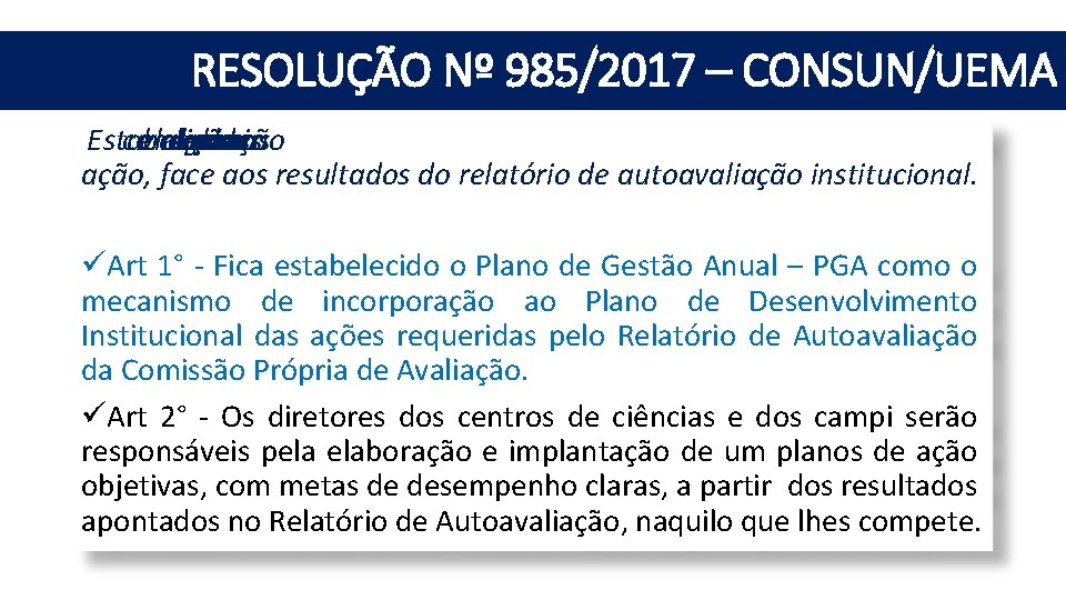 RESOLUÇÃO Nº 985/2017 – CONSUN/UEMA Estabelece condições elaboração asgerais planos apara de de ação,