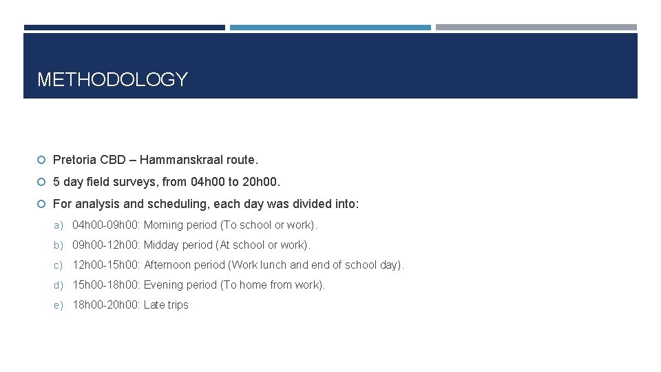 METHODOLOGY Pretoria CBD – Hammanskraal route. 5 day field surveys, from 04 h 00