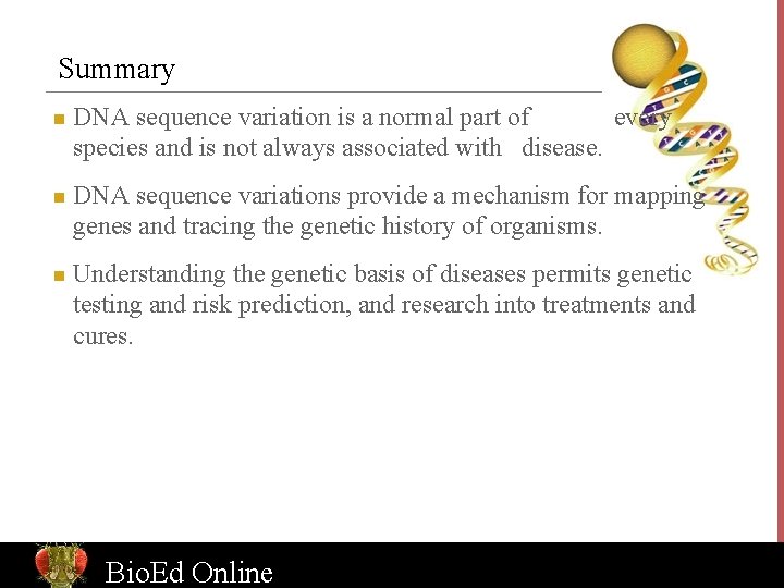 Summary n n n DNA sequence variation is a normal part of every species