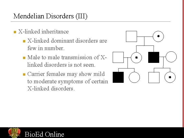 Mendelian Disorders (III) n X-linked inheritance X-linked dominant disorders are few in number. n