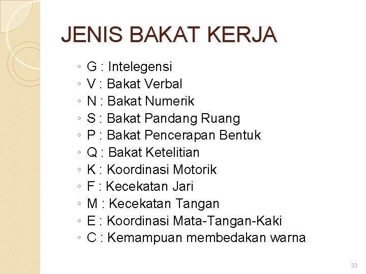 JENIS BAKAT KERJA ◦ ◦ ◦ G : Intelegensi V : Bakat Verbal N