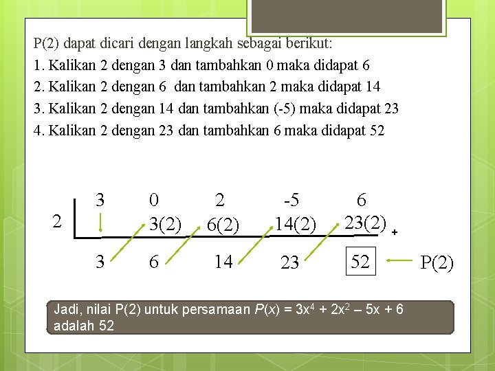 P(2) dapat dicari dengan langkah sebagai berikut: 1. Kalikan 2 dengan 3 dan tambahkan