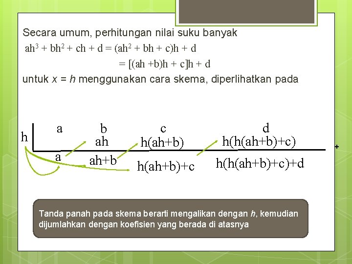 Secara umum, perhitungan nilai suku banyak ah 3 + bh 2 + ch +