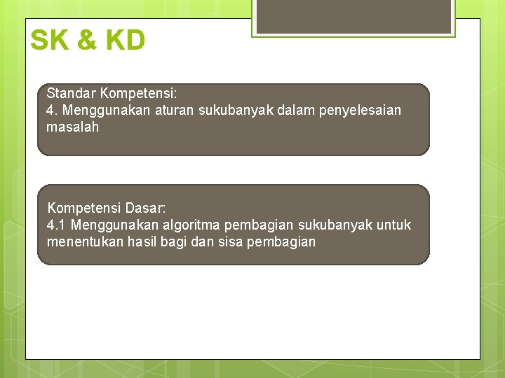 SK & KD Standar Kompetensi: 4. Menggunakan aturan sukubanyak dalam penyelesaian masalah Kompetensi Dasar: