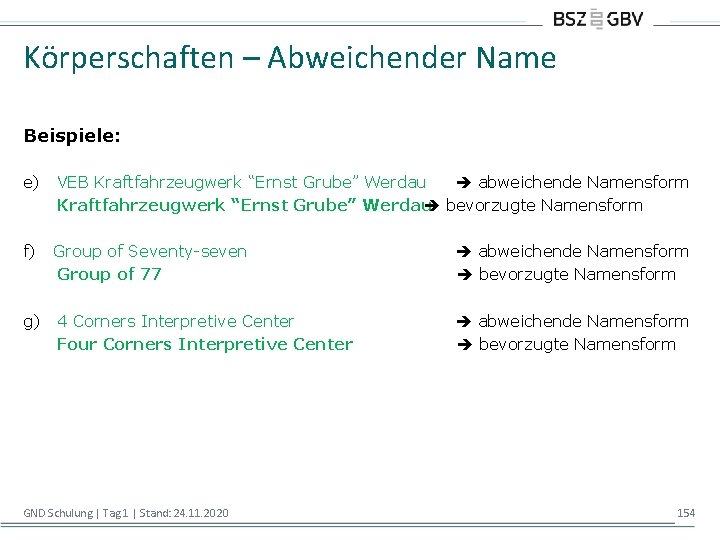 Körperschaften – Abweichender Name Beispiele: e) VEB Kraftfahrzeugwerk “Ernst Grube” Werdau abweichende Namensform Kraftfahrzeugwerk