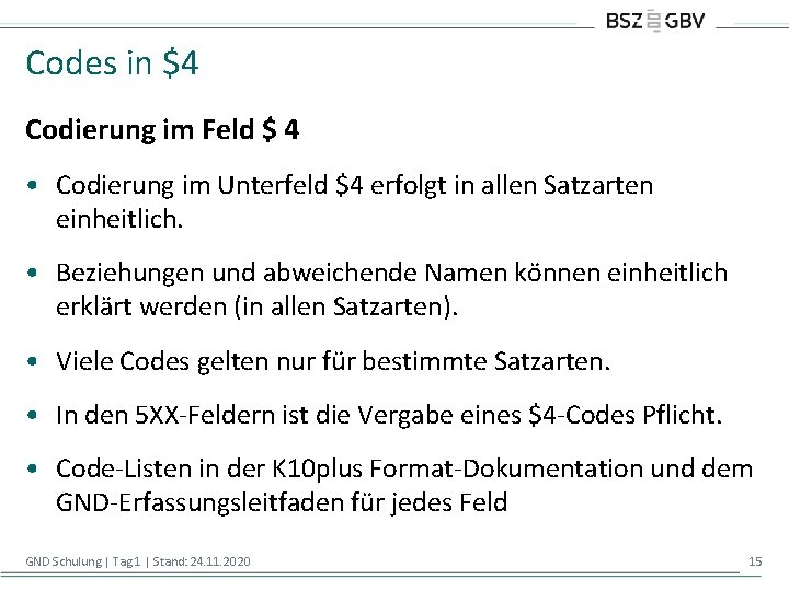 Codes in $4 Codierung im Feld $ 4 • Codierung im Unterfeld $4 erfolgt