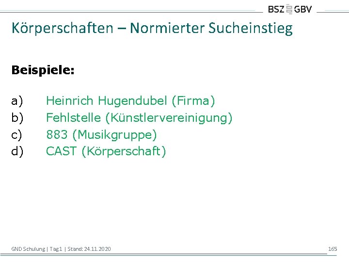 Körperschaften – Normierter Sucheinstieg Beispiele: a) b) c) d) Heinrich Hugendubel (Firma) Fehlstelle (Künstlervereinigung)