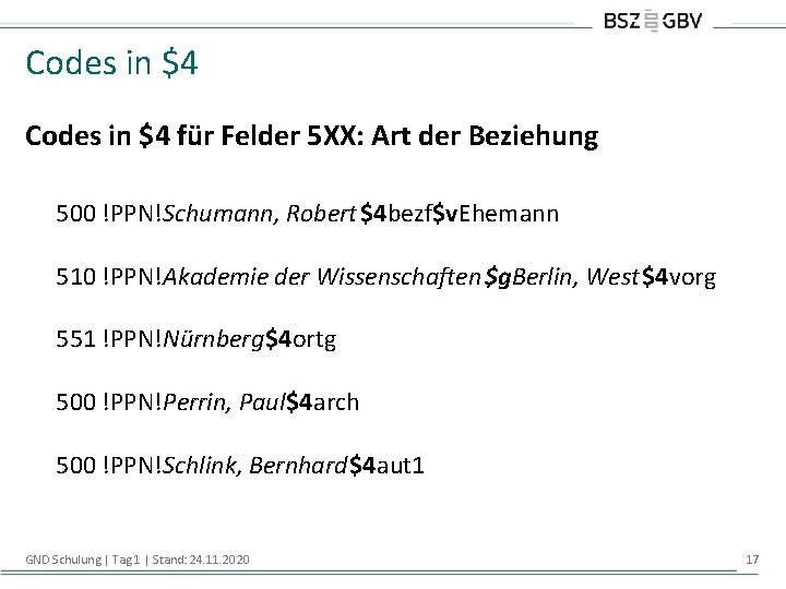 Codes in $4 für Felder 5 XX: Art der Beziehung 500 !PPN!Schumann, Robert$4 bezf$v.