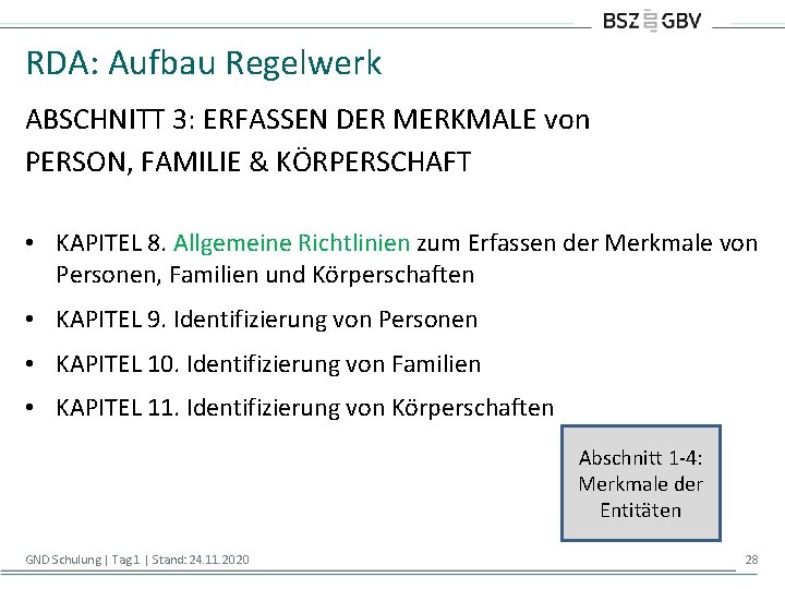 RDA: Aufbau Regelwerk ABSCHNITT 3: ERFASSEN DER MERKMALE von PERSON, FAMILIE & KÖRPERSCHAFT •