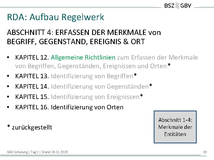 RDA: Aufbau Regelwerk ABSCHNITT 4: ERFASSEN DER MERKMALE von BEGRIFF, GEGENSTAND, EREIGNIS & ORT