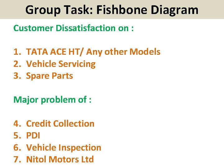 Group Task: Fishbone Diagram Customer Dissatisfaction on : 1. TATA ACE HT/ Any other Group Task: Fishbone Diagram Customer Dissatisfaction on : 1. TATA ACE HT/ Any other