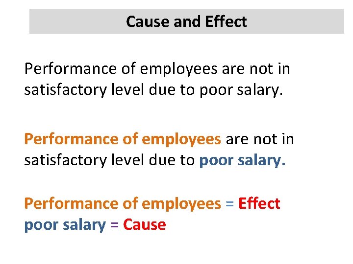 Cause and Effect Performance of employees are not in satisfactory level due to poor