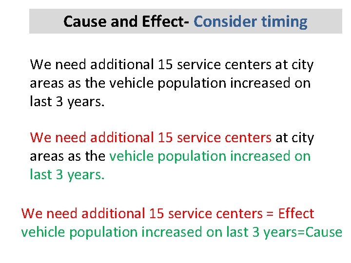 Cause and Effect- Consider timing We need additional 15 service centers at city areas