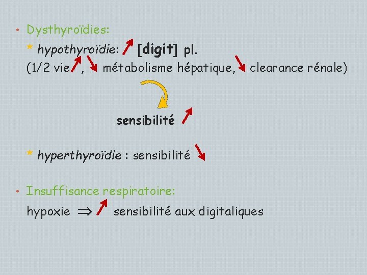  • Dysthyroïdies: * hypothyroïdie: digit pl. (1/2 vie , métabolisme hépatique, clearance rénale)