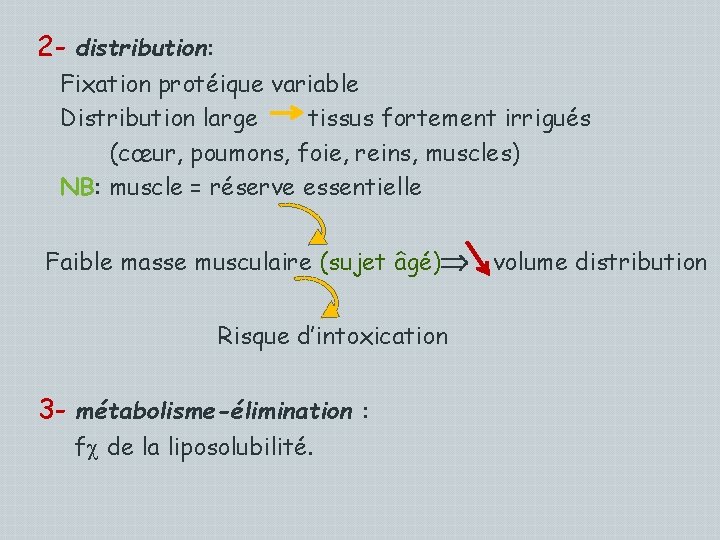 2 - distribution: Fixation protéique variable Distribution large tissus fortement irrigués (cœur, poumons, foie,