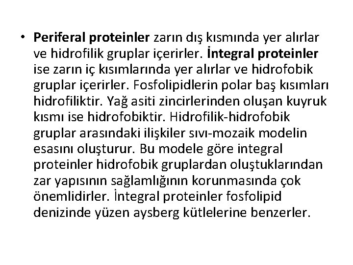  • Periferal proteinler zarın dış kısmında yer alırlar ve hidrofilik gruplar içerirler. İntegral