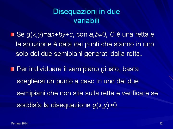 Disequazioni in due variabili Se g(x, y)=ax+by+c, con a, b 0, C è una