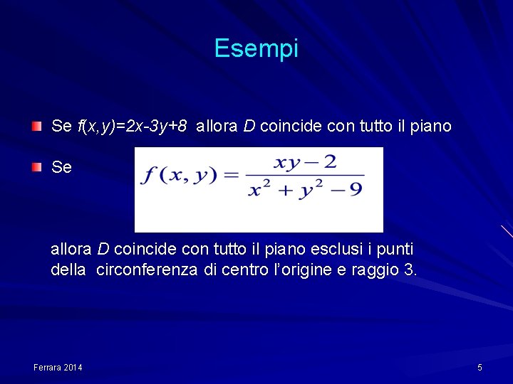 Esempi Se f(x, y)=2 x-3 y+8 allora D coincide con tutto il piano Se