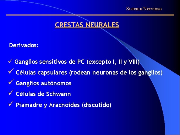 Sistema Nervioso CRESTAS NEURALES Derivados: ü Ganglios sensitivos de PC (excepto I, II y