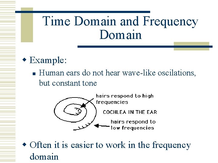 Time Domain and Frequency Domain w Example: n Human ears do not hear wave-like