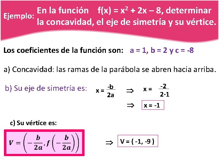 En la función f(x) = x 2 + 2 x – 8, determinar Ejemplo: