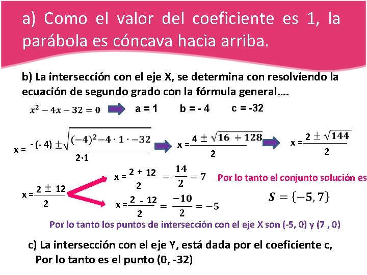 a) Como el valor del coeficiente es 1, la parábola es cóncava hacia arriba.