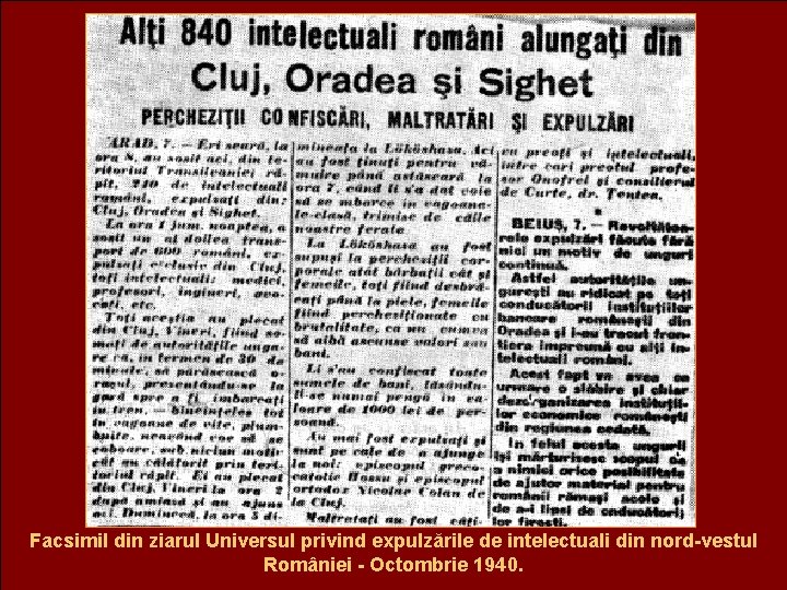 Facsimil din ziarul Universul privind expulzările de intelectuali din nord-vestul României - Octombrie 1940.