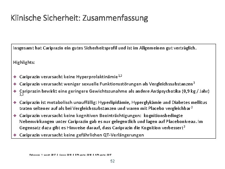 Klinische Sicherheit: Zusammenfassung Insgesamt hat Cariprazin ein gutes Sicherheitsprofil und ist im Allgemeinen gut