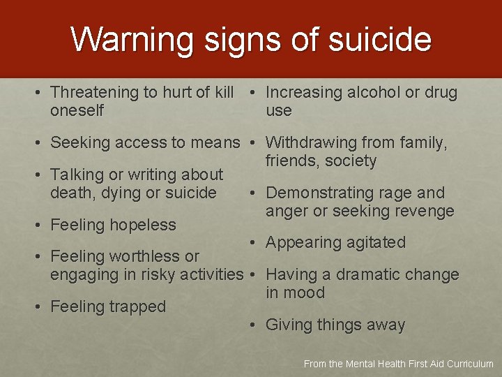 Warning signs of suicide • Threatening to hurt of kill • Increasing alcohol or