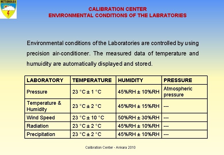 CALIBRATION CENTER ENVIRONMENTAL CONDITIONS OF THE LABRATORIES Environmental conditions of the Laboratories are controlled