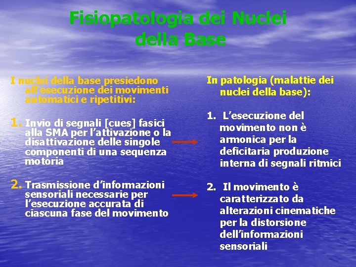 Fisiopatologia dei Nuclei della Base I nuclei della base presiedono all’esecuzione dei movimenti automatici