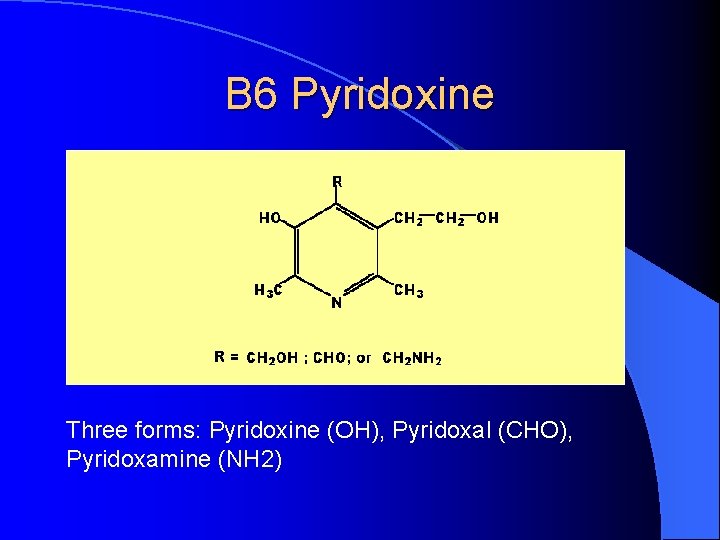 B 6 Pyridoxine Three forms: Pyridoxine (OH), Pyridoxal (CHO), Pyridoxamine (NH 2) 