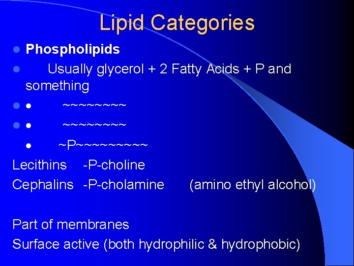 Lipid Categories Phospholipids l Usually glycerol + 2 Fatty Acids + P and something