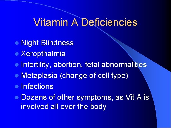 Vitamin A Deficiencies l Night Blindness l Xeropthalmia l Infertility, abortion, fetal abnormalities l