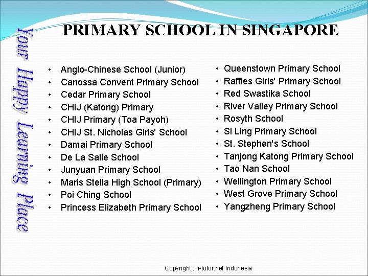 PRIMARY SCHOOL IN SINGAPORE • • • Anglo-Chinese School (Junior) Canossa Convent Primary School