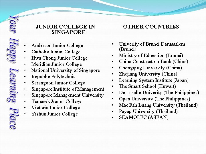 OTHER COUNTRIES JUNIOR COLLEGE IN SINGAPORE • • • Anderson Junior College Catholic Junior