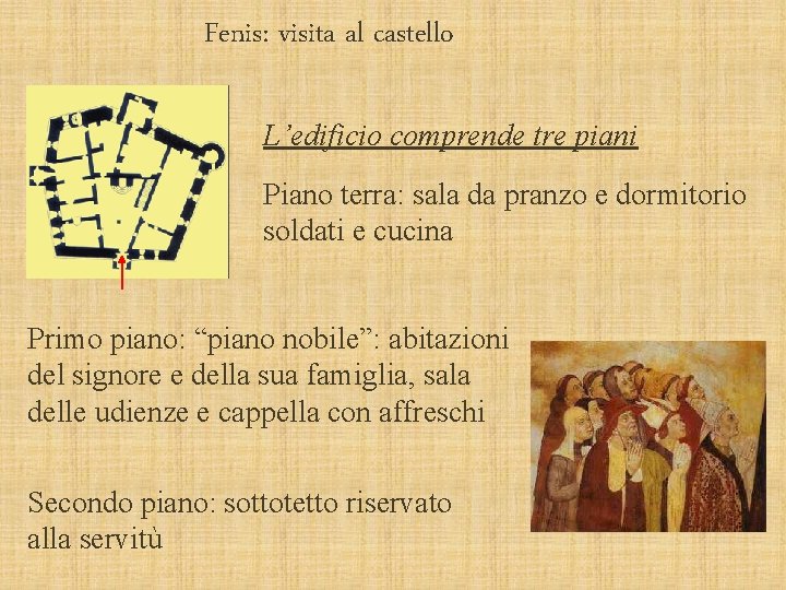 Fenis: visita al castello L’edificio comprende tre piani Piano terra: sala da pranzo e