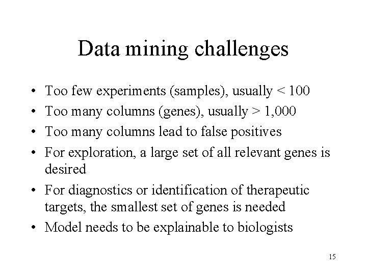 Data mining challenges • • Too few experiments (samples), usually < 100 Too many