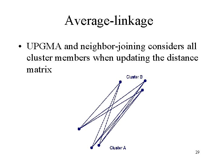 Average-linkage • UPGMA and neighbor-joining considers all cluster members when updating the distance matrix