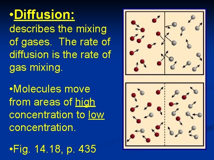  • Diffusion: describes the mixing of gases. The rate of diffusion is the