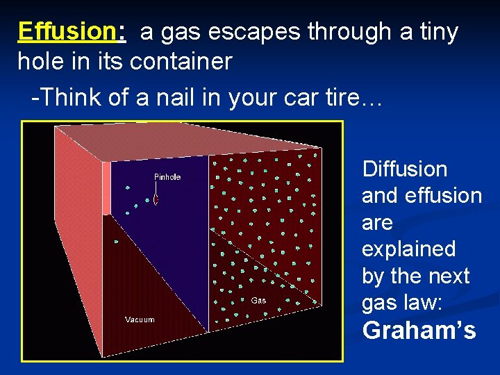 Effusion: a gas escapes through a tiny hole in its container -Think of a