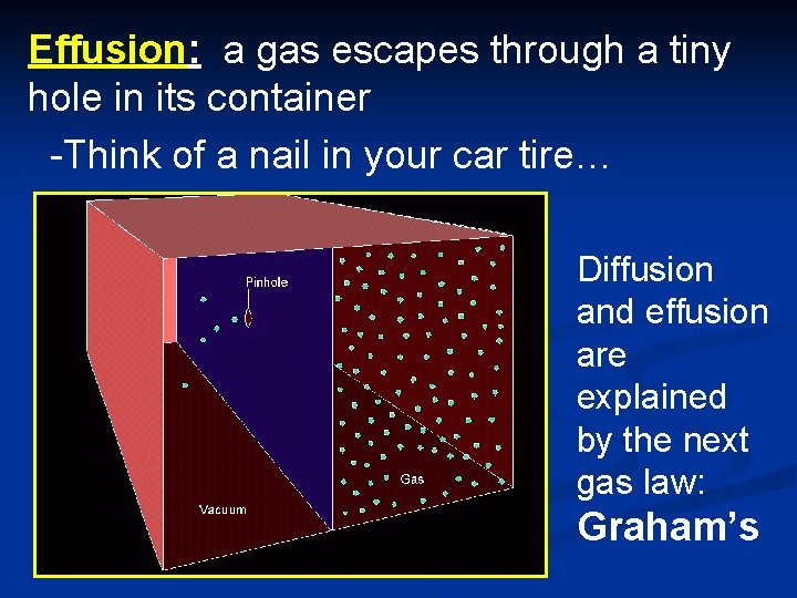 Effusion: a gas escapes through a tiny hole in its container -Think of a Effusion: a gas escapes through a tiny hole in its container -Think of a