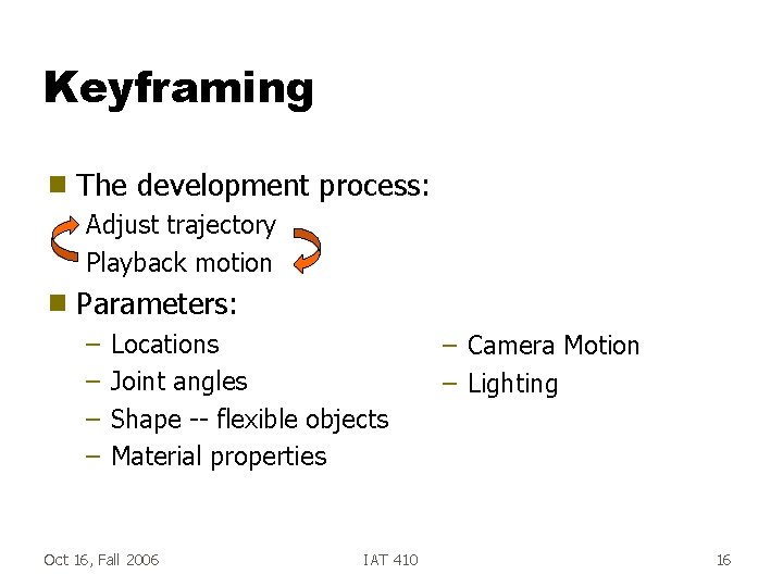 Keyframing g The development process: Adjust trajectory Playback motion g Parameters: – – Locations