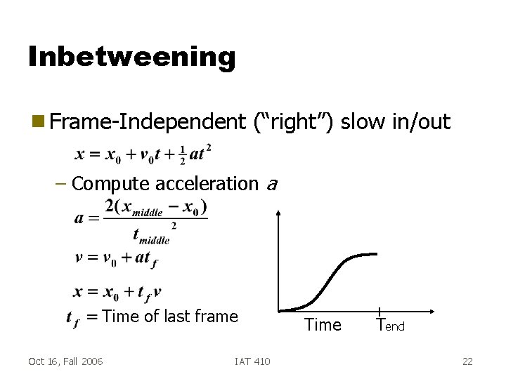 Inbetweening g Frame-Independent (“right”) slow in/out – Compute acceleration a Time of last frame