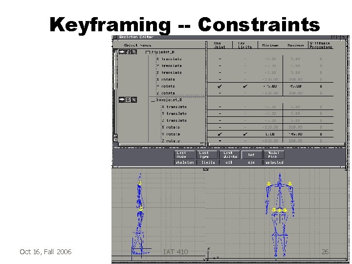Keyframing -- Constraints Oct 16, Fall 2006 IAT 410 26 