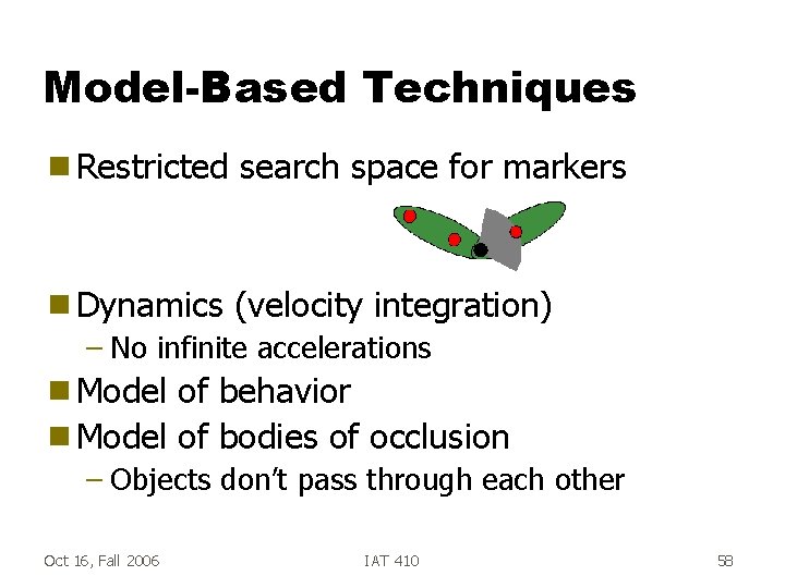 Model-Based Techniques g Restricted search space for markers g Dynamics (velocity integration) – No