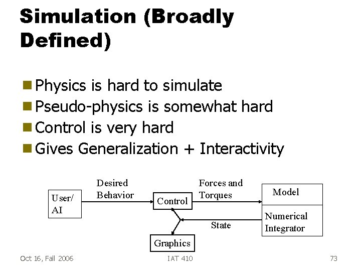 Simulation (Broadly Defined) g Physics is hard to simulate g Pseudo-physics is somewhat hard