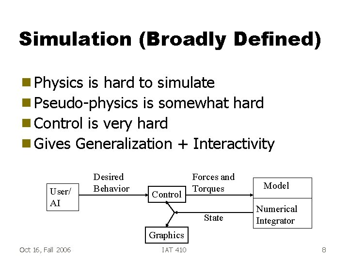 Simulation (Broadly Defined) g Physics is hard to simulate g Pseudo-physics is somewhat hard