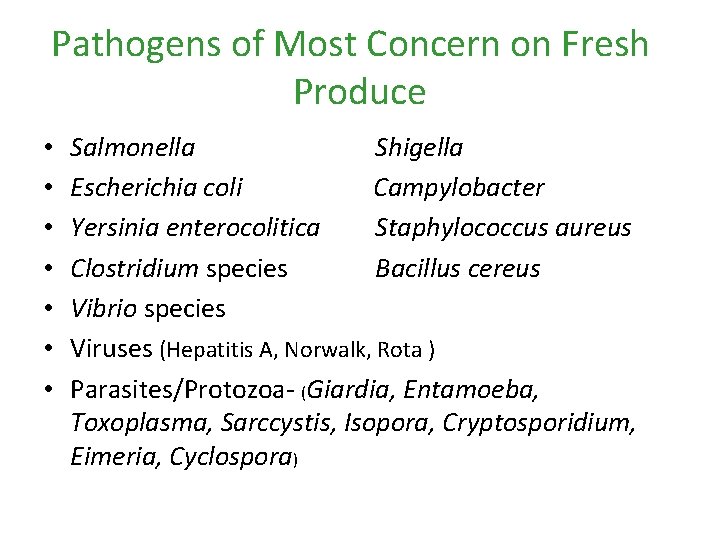 Pathogens of Most Concern on Fresh Produce • • Salmonella Shigella Escherichia coli Campylobacter