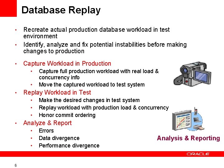 Database Replay • • • Recreate actual production database workload in test environment Identify,